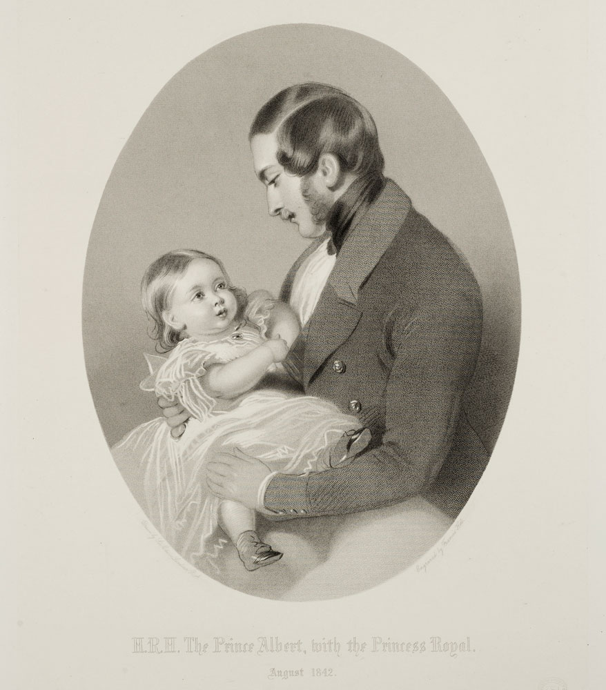 Prinzgemahl Albert von Großbritannien und Irland mit seiner ältesten Tochter Victoria, der Princess Royal, Lithographie v. F. Holl n. E. Landseer, BHZ, Foto R. Beck