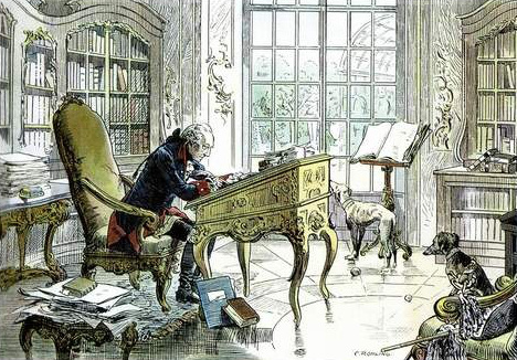 König Friedrich II. an seinem Schreibtisch in der Bibliothek von Schloss Sanssouci, Druck n. einer Zeichnung v. Carl Röchling, HABHZ, Foto R. Beck